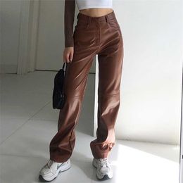 High Waisted PU Leather Pants Women Jogger Casual Fashion Side Pockets Straight Wide Leg Loose Vintage Brown Trousers 211115