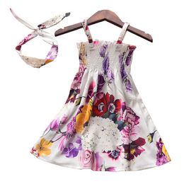 Summer White Flower Printed Dress for Baby Girl Kid Party Boutique Sleeveless Dress for Girl Floral Dress&Headband Dress Girl Q0716