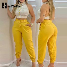 Colorblock Backless Crop Top & Plain Pants Set Women Summer Two Piece Set Y0625