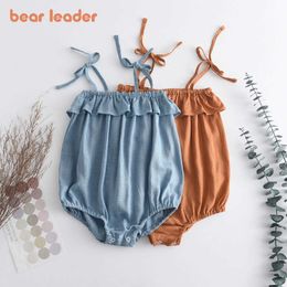 Bear Leader born Baby Summer Casual Jumpsuits Cute Bowtie Sling Costumes Toddler Girls Ruffles Rompers Solid Clothing Suits 210708