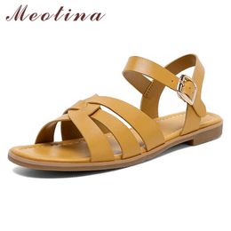 Meotina Women Gladiator Shoes Genuine Leather Sandals Buckle Flat Sandals Square Toe Cow Leather Ladies Footwear Summer Yellow 210608