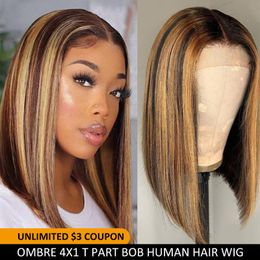 ombre bobs for black women Canada - Lace Wigs Straight Bob Closure Wig Highlight Brazilian Ombre Human Hair 4x1 T Part For Black Women