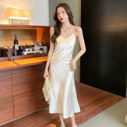 Korean Silk Women Dress Satin Sleeveless es Woman High Wasit Long V-Neck All-match es Plus Size 210604