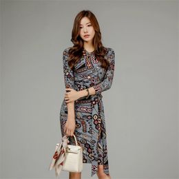 Vintage Print Dress Autumn Women Elegant Wear to Work Vestidos Business Bodycon Long Sleeve Slim 210514