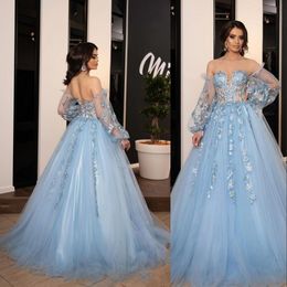 2021 Sexy Light Blue Ball Gown Quinceanera Dresses Off Shoulder Illusion Lace Appliques 3D Floral Sweep Train Party Prom Evening Gowns Corset Back