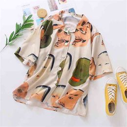 Spring summer Women blouses Harajuku cartoon face Printing Tops Streetwear Blouse Long Sleeve Shirts Blusas Mujer 210401