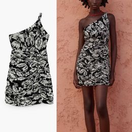 Za Print Asymmetric Sexy Summer Dress Women One Shoulder Backless Mini Party Dress Woman Chic Back Zip Ruched Beach Dresses 210602