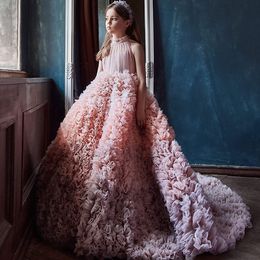Ombre Pink Flower Girl Dresses For Wedding 2022 Ballgown High Neck Ruffles Tiered Skirts Toddler Pageant Gowns Tulle First Communion Dress Sweep Train Formal Party