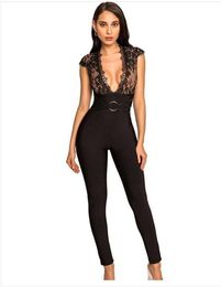 Rompers Women's Jumpsuits & Rompers Black VNeck Sleeve Lace Sexy Bandage Rayon Knitted Celebrity Party Jumpsuit