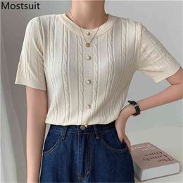 Twisted Knitted Single Breasted Pullover Tops Women Summer Short Sleeve O-neck Solid Slim Sweater Korean Basic Fashion Jumpers 210513