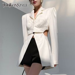 TWOTYLE White Casual Blazer For Women Notched Long Sleeve Hollow Out Korean Straight Blazers Female Spring Fashion 210930