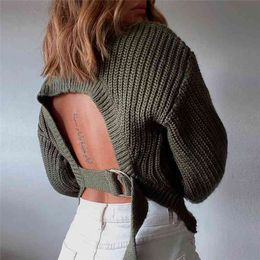 Fashion street Trend Sweaters pullovers loose leisure back long sleeve sweater Autumn winter Sexy Short Pullovers Tops 210508