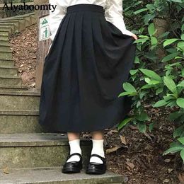 Spring Fall Preppy Style Women Long Skirt High Waist Plus Size Solid Jupe Longo Elegant Vintage Gray Black Pleated Skirts Womens 210412
