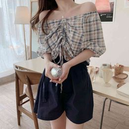 off shoulder short sleeve Tops sexy crop Shirt Cotton Girls Plus Size Summer Women Blouse Plaid femme Blus 210417