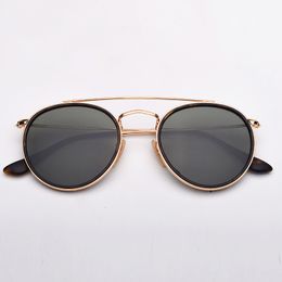 Fashion Round sunglasses Double Bridge mens sunglass pumk sun glasses uv protection glass lenses vintage eyeglasses with leather case for man woman