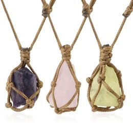 2021 Natural Stone Rope Wrap Necklace Irregular Rose Crystal Quartz Pendant Necklaces Adjustable Women Girl Vintage Jewellery