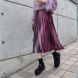 Trend Autumn Korea velvet stitching pleated skirts Joker Elegant slim long A-line pleated skirt Mid-Calf Patchwork skirt woman 210514