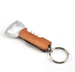 Openers Wooden Handle Bottle Opener Keychain Knife Pulltap Double Hinged Corkscrew Stainless Steel Key Ring Opening Tools Bar BC