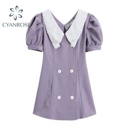 Summer Puff Short Sleeve Crop Dress Women Purple Vintage Doubler Breasted Sweet Frocks Female Elegant Peter Pan Collar Vestidos 210515