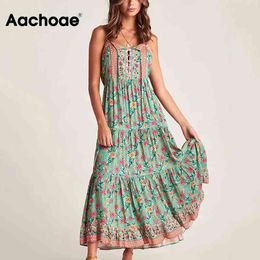 Women Spaghetti Strap Floral Print Holiday Beach Long Dress Backless Lady Pleated Dresses Sundresses Femme Robe 210413