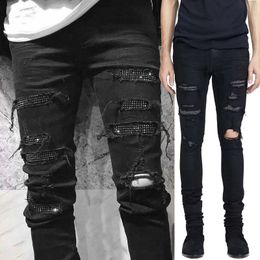 Black Stretch Denim Jeans For Men Crystal Diamond Patch Damage Hole Slim Fit Leg