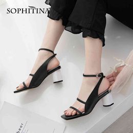 SOPHITINA Women's Comfortable Mid Heeled Sandals Cowskin Square Toe Sling Back Summer Sandal Adjustable Buckle Dress Shoes PO610 210513
