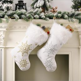 Christmas Stockings White Stamping Gold Snowflake Xmas Ornaments Christmas Tree Decorations Gift Socks BT1162