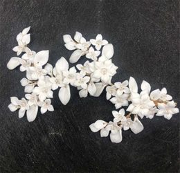 Royal Wedding White Ceramic Flower Hair Clip Sticks Bridal Headpiece Crown Tiara Beads Head Accessories Jewellery Ornament Princess Korean Headdress Headband Clips