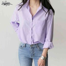 Blusas Mujer De Moda Purple Women Shirts Cardigan Long Sleeve Blouse And Tops Striped Pocket Female Ladies 7307 50 210508