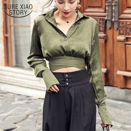 Spring Long Sleeve V-Collar High Waist Black High Waist Sexy Women Blouse Slim Brass Ladies' Shirt Chemise 8202 50 210527