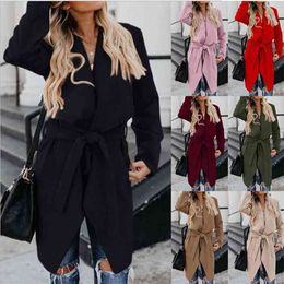 Autumn Winter Lapel Solid Colour Long Windbreaker Casual Sleeve Jacket Women Trench Coat With Belt Oversized S-3XL 210517