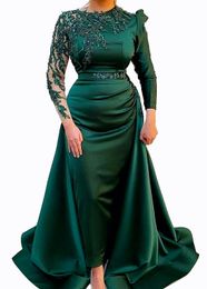2021 Plus Size Arabic Aso Ebi Muslim Dark Green Prom Dresses Lace Beaded Sheath Satin Evening Formal Party Second Reception Bridesmaid Gowns Dress ZJ223