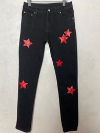 Mens jeans pants Long Skinny Leather Black red white Five-pointed Star Destroy the quilt Ripped Straight hole fashion designer jea2476