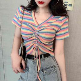 Fashion Sexy V Neck Short Sleeve Drawstring Bandage Rainbow Striped Tshirts Women Summer Knitted Crop Tops Sweet Tees Wild 210429