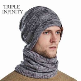 TRIPLE INFINITY Winter Men Knitted Hat Beanies Scarf Warm Suits Bonnet Thick Comfortable Skiing Riding Male Cap Gift For Lovers Y21111