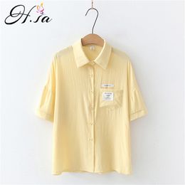 HSA Women Summer Blouse Tops Office Lady Work Chiffon Button Short Sleeve Yellow Red Female Pocket blouses 210430