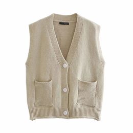 Women Academic Style Simplicity Sleeveless Sweater Female Solid Color V-Neck Pocket Decorate Cardigan Chic Top 210520