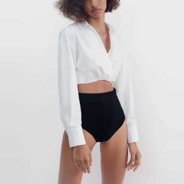 Za Summer White Wrap Cropped Top Women Long Sleeve Pleated Vintage Shirt Woman Fashion Self Tie Hem Short Shirts 210602