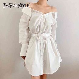 Patchwork Diamond White Dress For Women V Neck Long Sleeve High Waist Mini Dresses Female Spring Fashion 210520