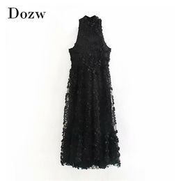 Elegant Women Sleeveless Floral Party Dress Lace Mesh Stand Neck Vintage Long Female Black Color Fashion Lady Maxi es 210515