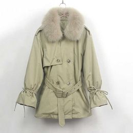 Real Fur Down Jacket Women's Mid-length Removable Liner Gig Collar Warm Windbreaker Coat 210531