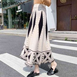 Women Vintage A-Line Knitt Skirts Elastic High Waist Cotton Casual Ladies Long Warm Elegant Dress Spring 210601