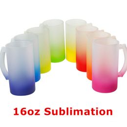 Wholesale! 16oz Sublimation Handle Gradient Frosted Glasses Straight Hand DIY Multi-Color Wine Glasses Heat Transfer Wine Tumblers Beer Cups 8 Colour Mugs A12