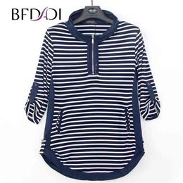 BFDADI Plus size Autumn Long T-Shirts Women Casual Stripe Loose Stand-up collar rolled edge design Tees Tops 4440 210330