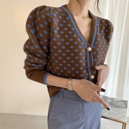 OL Outwear High Waist V-Neck Patchwork Dots Tops Elegant Warm Cardigans Coats Women Knitted Gentle Sweaters 210421