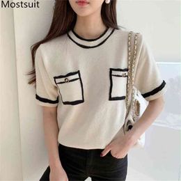 Vintage Elegant Women Knitted Pullover Sweater Summer Short Sleeve O-neck Pockets Tops Korean Fashion Ladies Jumpers Femme 210513