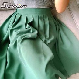Fashion Summer Long Pleated Skirt Women Korean Style Chiffon Mid-length High Waist Midi Female Green 350g 210421