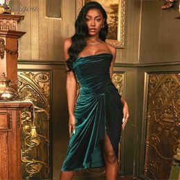 Ladies Strapless Sexy Party Dresses For Important Occasions Green Draped Tube Top Velvet Dress 210527