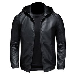 Faux Leather Jacket Men's Windproof Slim Large Size Hooded Leather Jacket High Quality Casual Black PU Jacket M-5XL 211118