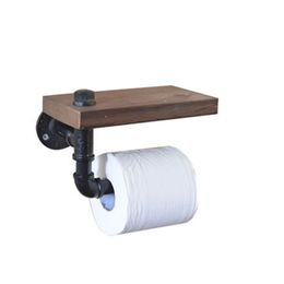 Toilet Paper Roll Holder With Phone Holder Wall Mounted Shelf Industrial Floating Water Pipe Rack Bathroom Tissue Paper Holder 210811